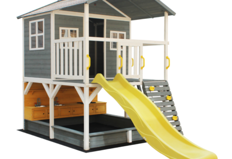 Wood Kids Playhouse with Slide, Kitchen, Climbing Wall & Ladder
Outdoor Fir Wood Playset - Size: 231x402x288 cm.