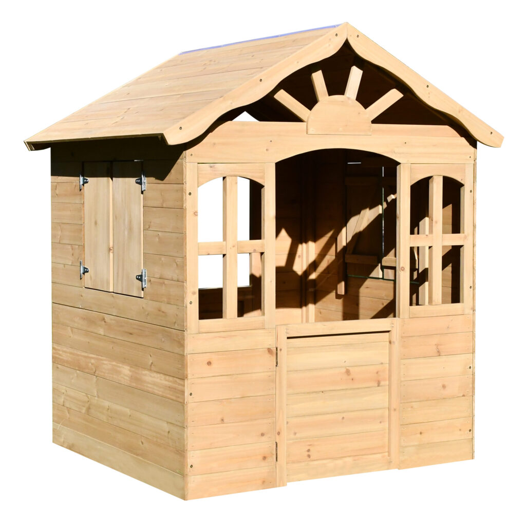 Fir Wood Kids Playhouse with Shuttered Windows & Sunburst Roof - Size: 115x101x119 cm