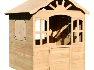 Fir Wood Kids Playhouse with Shuttered Windows & Sunburst Roof - Size: 115x101x119 cm