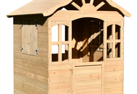 Fir Wood Kids Playhouse with Shuttered Windows & Sunburst Roof - Size: 115x101x119 cm