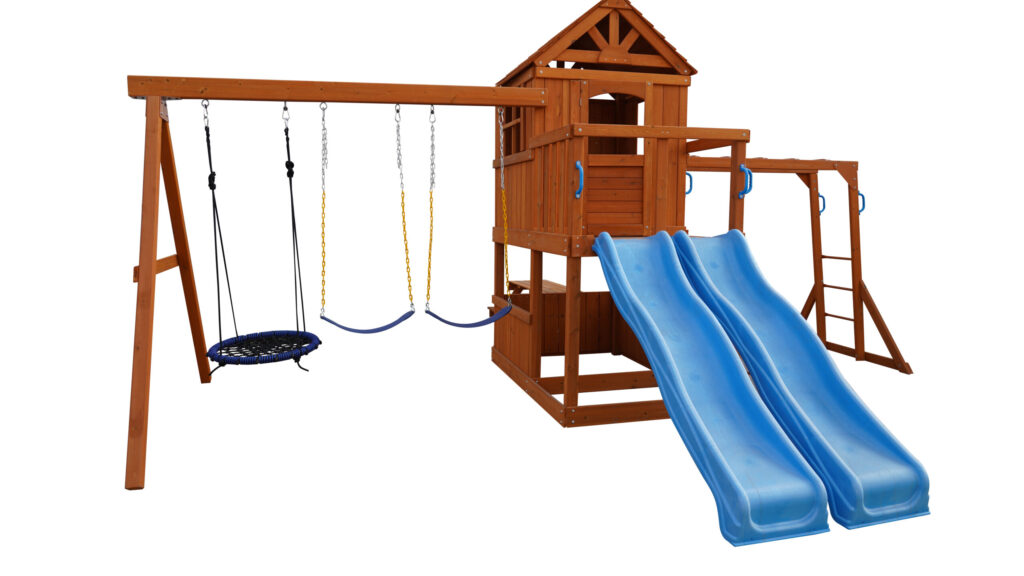 Wood Kids Outdoor Swing Set with two Slides and climbing set. Size:632x461x295 cm