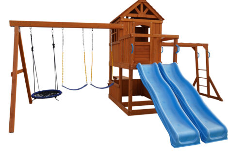 Wood Kids Outdoor Swing Set with two Slides and climbing set. Size:632x461x295 cm