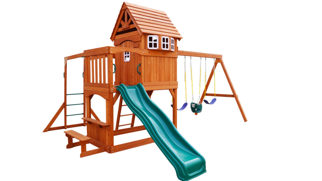 Wood Kids Outdoor Swing Set with Slide and climbing set. Size:437x445x303 cm