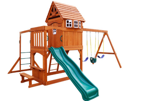 Wood Kids Outdoor Swing Set with Slide and climbing set. Size:437x445x303 cm