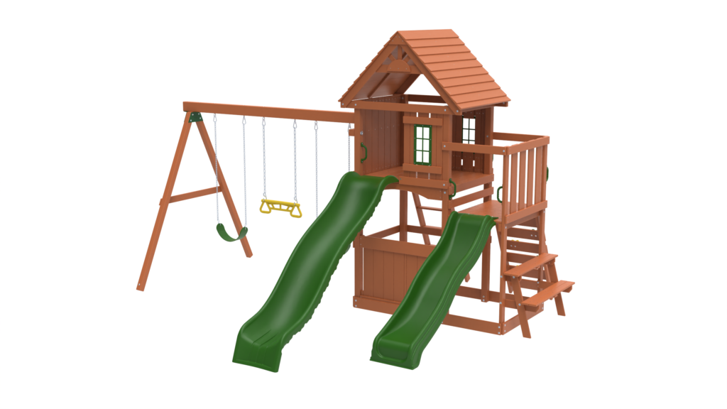 Wood Kids Outdoor Swing Set with two Slides and climbing set. Size:546x396x315 cm