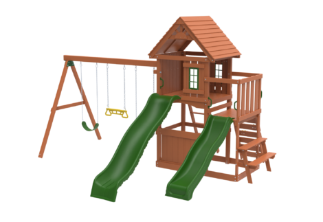 Wood Kids Outdoor Swing Set with two Slides and climbing set. Size:546x396x315 cm