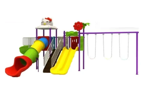 Outdoor Playground Toy with 3 Swings & 4 Slides with Hello Kitty Cap – Themed Fun Playset – Size 715x430x320 cm