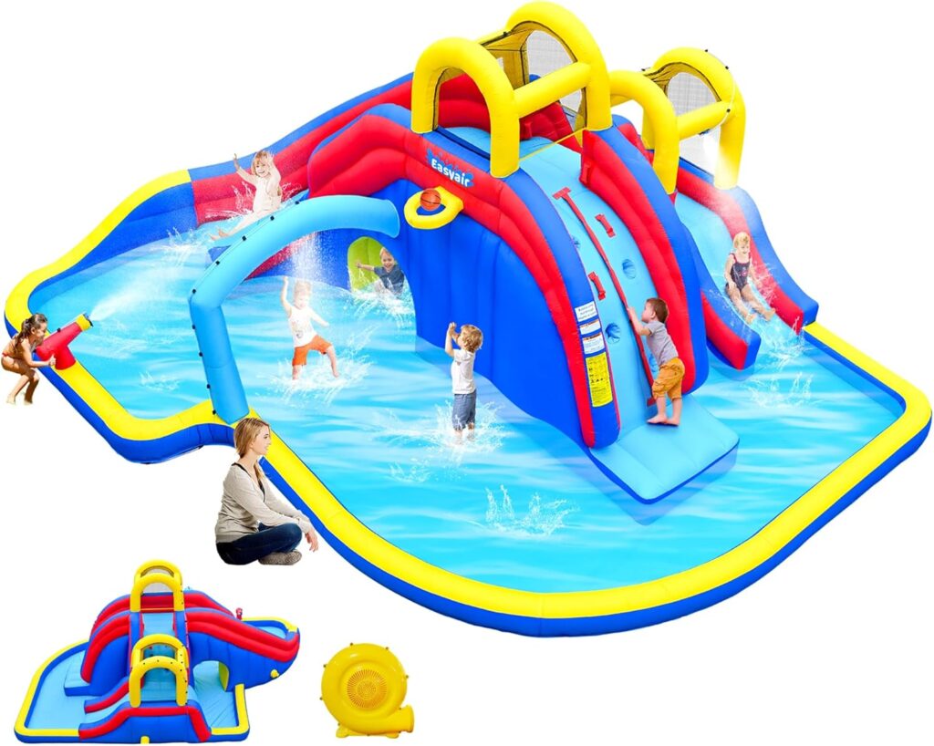 Indoor & Outdoor Easyair Inflatable Water Slide Bounce House, Bouncy Castles 2 Climbing Walls, 2 Slides, 2 Splash Pool, Basketball Hoop, Water Gun.  Size: 548×492×251 cm