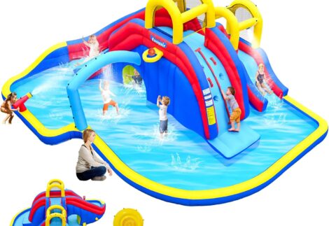 Indoor & Outdoor Easyair Inflatable Water Slide Bounce House, Bouncy Castles 2 Climbing Walls, 2 Slides, 2 Splash Pool, Basketball Hoop, Water Gun.  Size: 548×492×251 cm