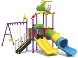 Outdoor Playground Toy for kids with 3 Swings, Dual and Single Slides – Compact Play Area – Size: 615x430x350 cm