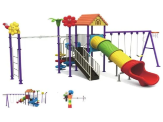Outdoor Playground Toys for Kids – 2 Slides, 3 Swings & Monkey Bar – Multi-Activity Set – Size: 750x538x305 cm