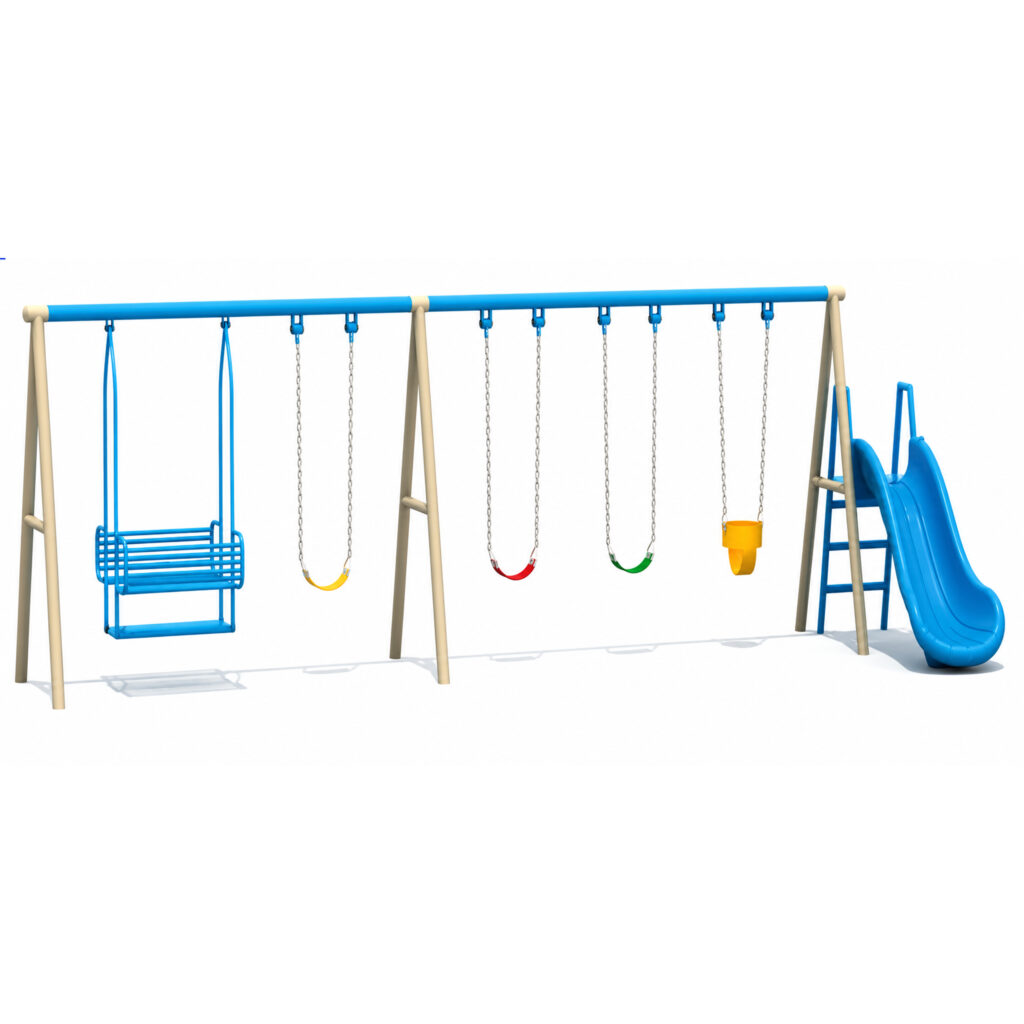 Outdoor Playground Metal Swing Set – 5 Swings & Slide – Size: 725×240×200 cm