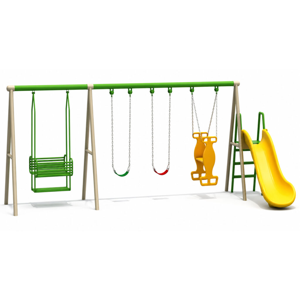 Outdoor Playground Metal Swing Set – 3 Swings, Family Swing & Slide – Size: 670×270×200 cm