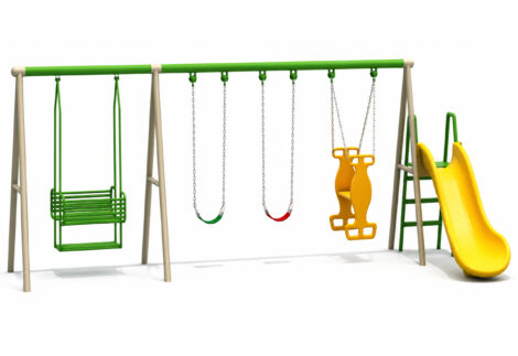 Outdoor Playground Metal Swing Set – 3 Swings, Family Swing & Slide – Size: 670×270×200 cm