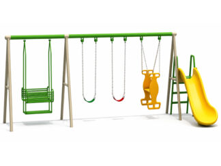 Outdoor Playground Metal Swing Set – 3 Swings, Family Swing & Slide – Size: 670×270×250 cm