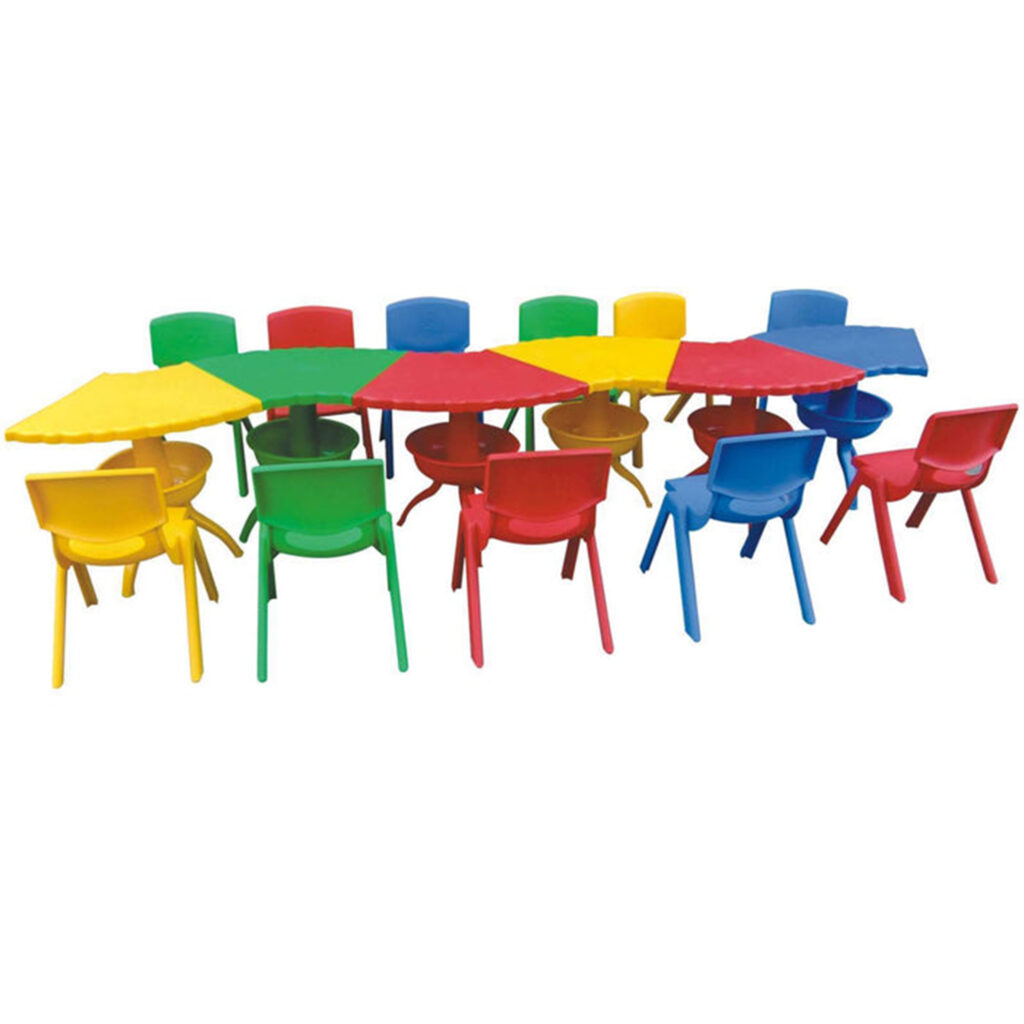 Indoor & Outdoor Use Plastic School Kindergarten Furniture Scallop Table Freely Combined Suitable for Playgrounds and Classrooms,  Table Size; 126.5x49 cm.