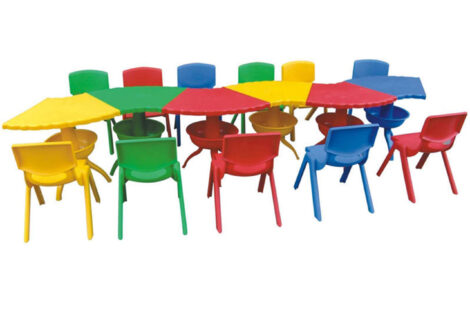 Indoor & Outdoor Use Plastic School Kindergarten Furniture Scallop Table Freely Combined Suitable for Playgrounds and Classrooms,  Table Size; 126.5x49 cm.