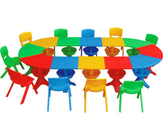 Indoor & Outdoor Use Plastic School Kindergarten Furniture Scallop Table Freely Combined Suitable for Playgrounds and Classrooms,  Table Size; 300x42x50 cm.