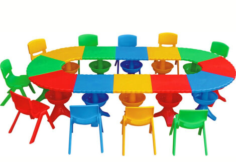 Indoor & Outdoor Use Plastic School Kindergarten Furniture Scallop Table Freely Combined Suitable for Playgrounds and Classrooms,  Table Size; 300x42x50 cm.