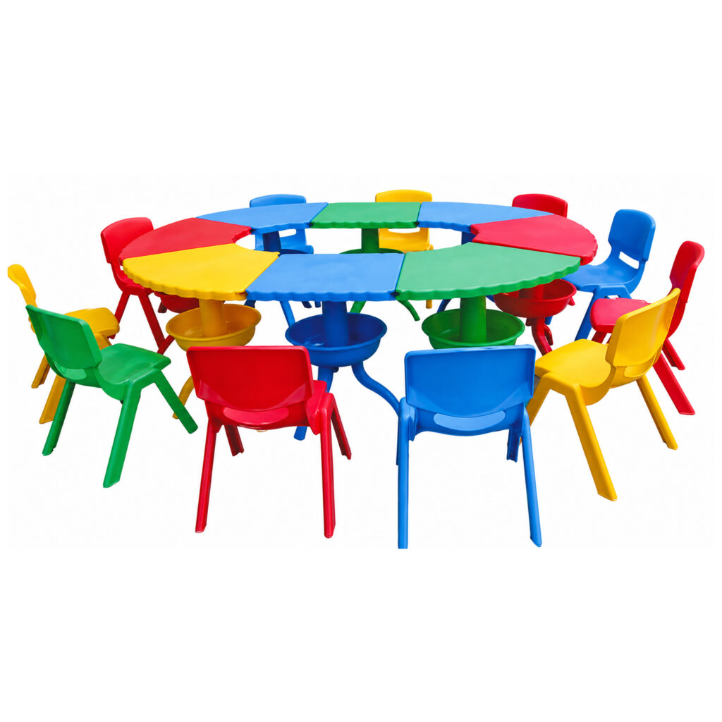 Indoor & Outdoor Use Plastic School Kindergarten Furniture Scallop Table Freely Combined Suitable for Playgrounds and Classrooms,  Table Size; 42x40x50 cm.