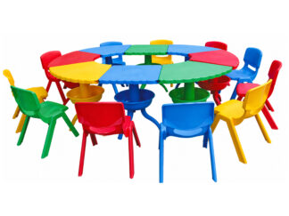 Indoor & Outdoor Use Plastic School Kindergarten Furniture Scallop Table Freely Combined Suitable for Playgrounds and Classrooms, Table Size; 42x40x50 cm.