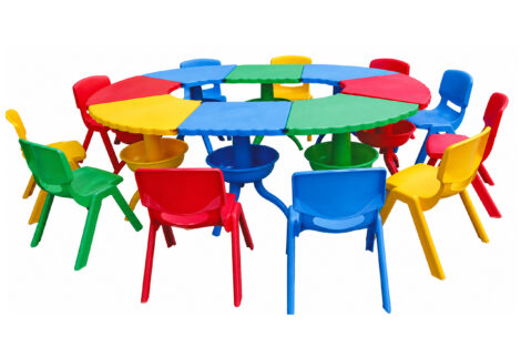 Indoor & Outdoor Use Plastic School Kindergarten Furniture Scallop Table Freely Combined Suitable for Playgrounds and Classrooms,  Table Size; 42x40x50 cm.