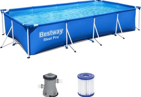 Bestway Steel Pro Rectangular Kids Pool with Steel Frame and Filter Pump, Blue 4.0MX2.11MX81CM