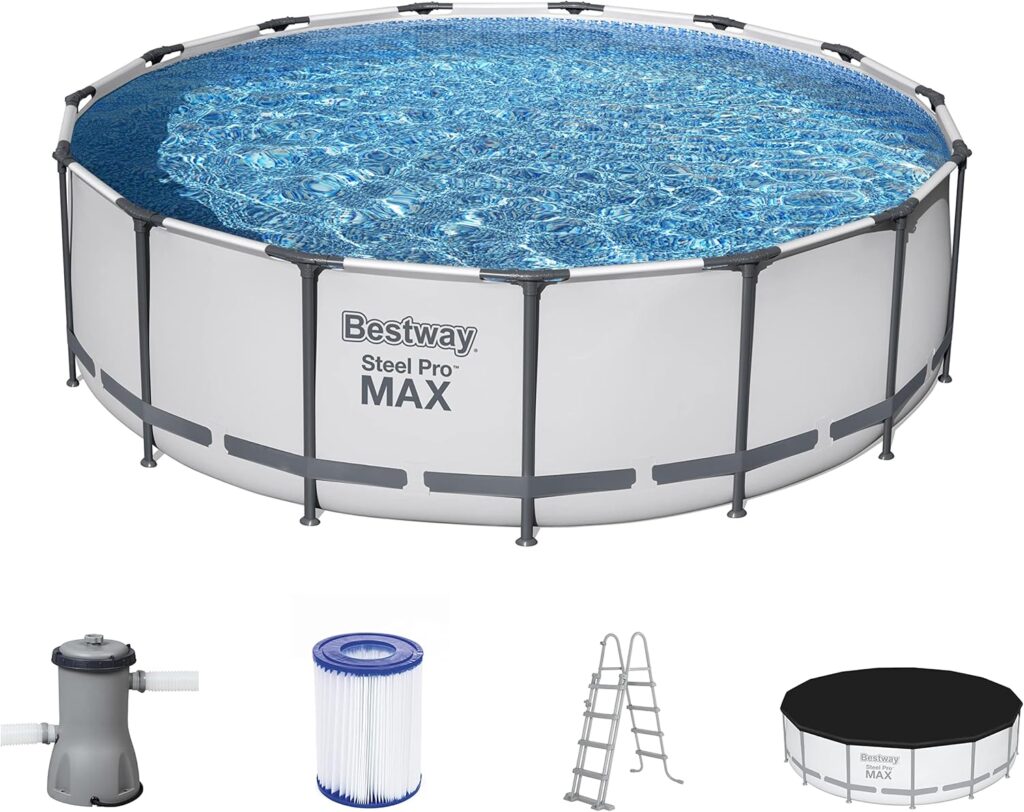 Bestway Steel Pro MAX Frame Pool Complete Set with Filter Pump Diameter 457 x 122 cm, Light Grey, Round