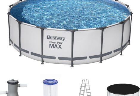 Bestway Steel Pro MAX Frame Pool Complete Set with Filter Pump Diameter 457 x 122 cm, Light Grey, Round