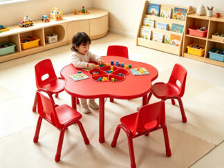 Premium kindergarten Children's Study Desk, WOODEN FLOWER SHAPE TABLE with basket -Interactive Table-Red, blue, green, yellow