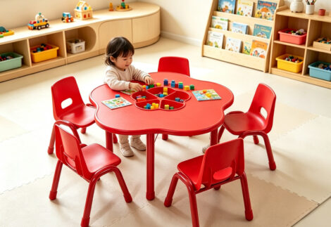 Premium kindergarten Children's Study Desk, WOODEN FLOWER SHAPE TABLE with basket -Interactive Table-Red, blue, green, yellow
