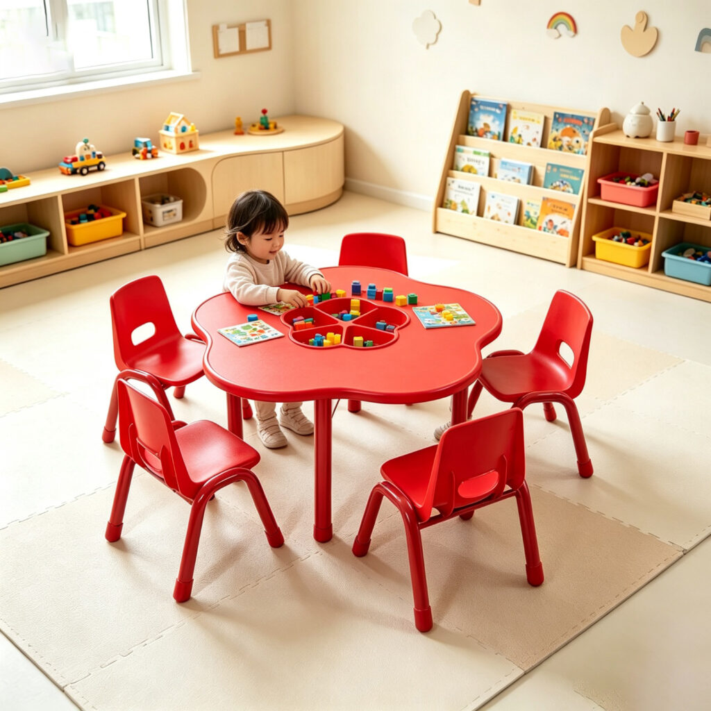 Premium kindergarten Children's Study Desk, WOODEN FLOWER SHAPE TABLE with basket -Interactive Table-Red, blue, green, yellow - Red