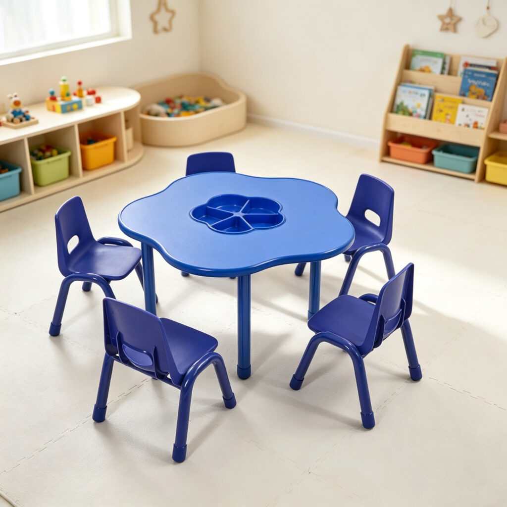 Premium kindergarten Children's Study Desk, WOODEN FLOWER SHAPE TABLE with basket -Interactive Table-Red, blue, green, yellow - blue